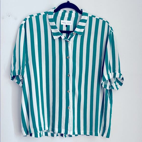 Lefties striped short sleeve boxy fit cropped button up shirt sz XL - Picture 1 of 6